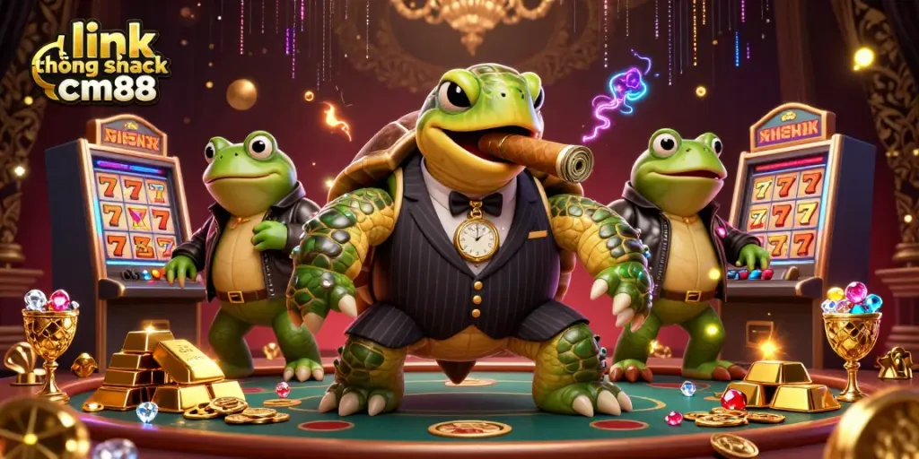 Engage with link không chặn cm88 through a vibrant casino scene featuring a snapping turtle and bullfrog enforcers.