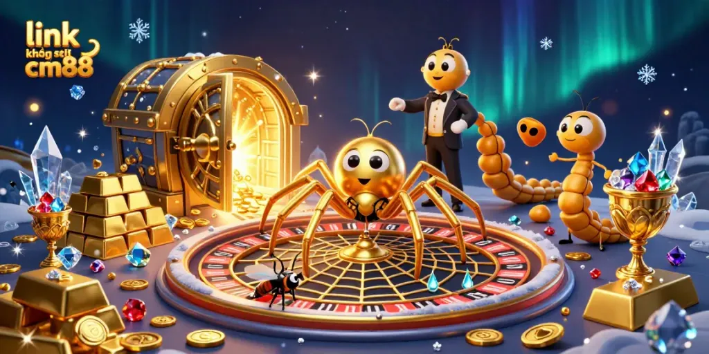 Bet visually at link không chặn cm88 with a golden spider spinning a roulette wheel web.