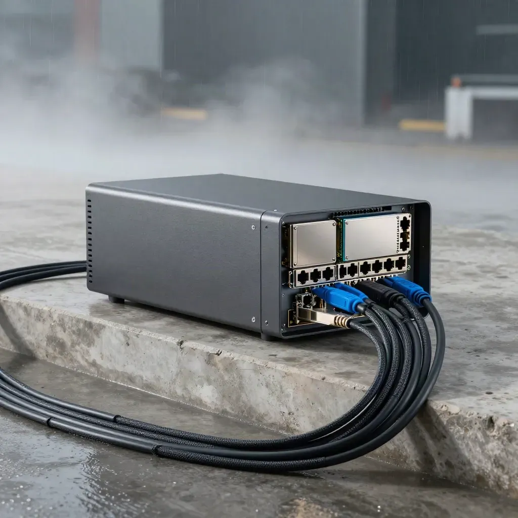 Graphite firewall appliance with cables and fibre parts on wet concrete in dawn mist.