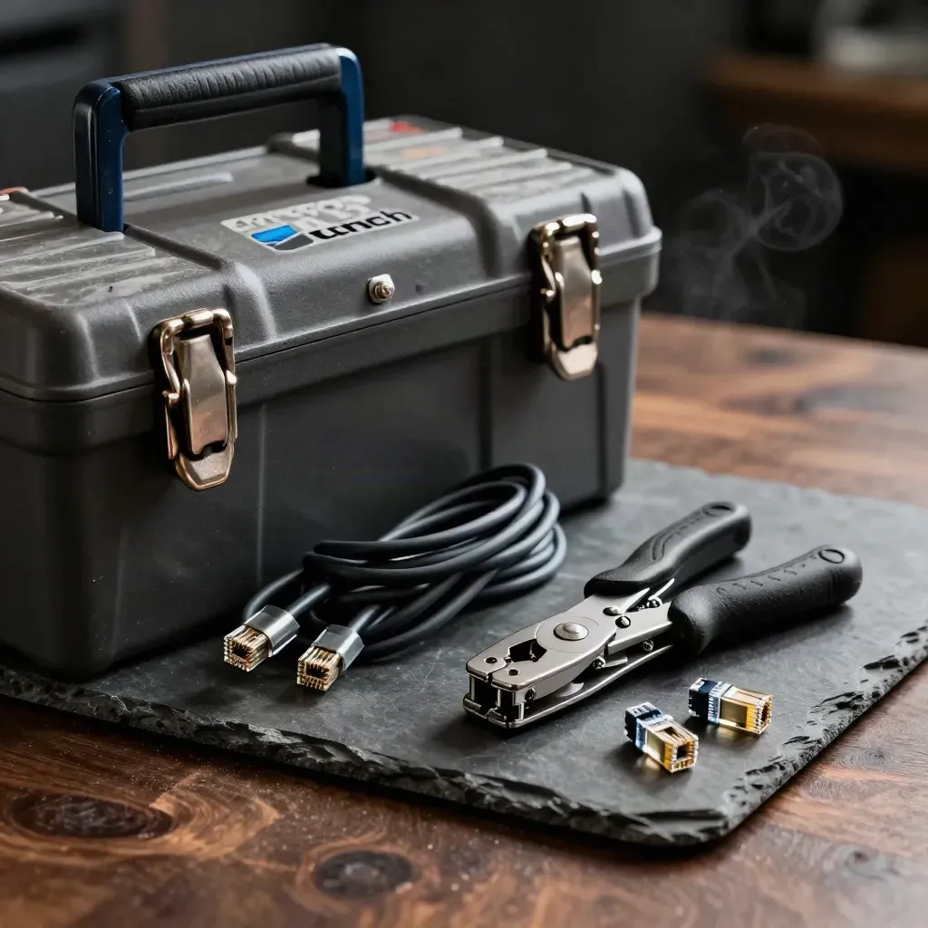 Worn IT toolbox, patch cables and crimping tool on dark stone under dramatic workshop light.