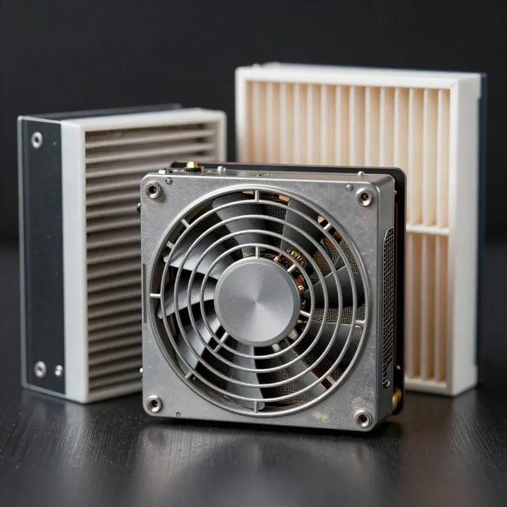 Dust-fresh fan module, PSU brick and filter cassette on brushed metal, extreme macro