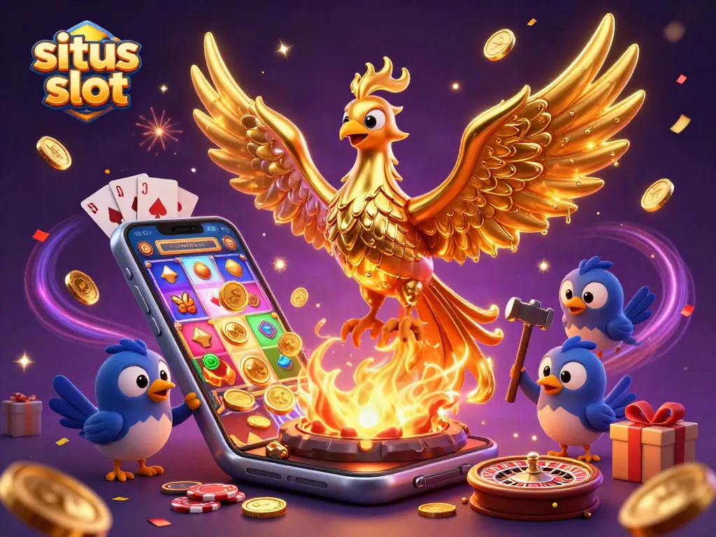 Situs slot showcases a golden phoenix and sparrow assistants creating coins in a vibrant casino scene.