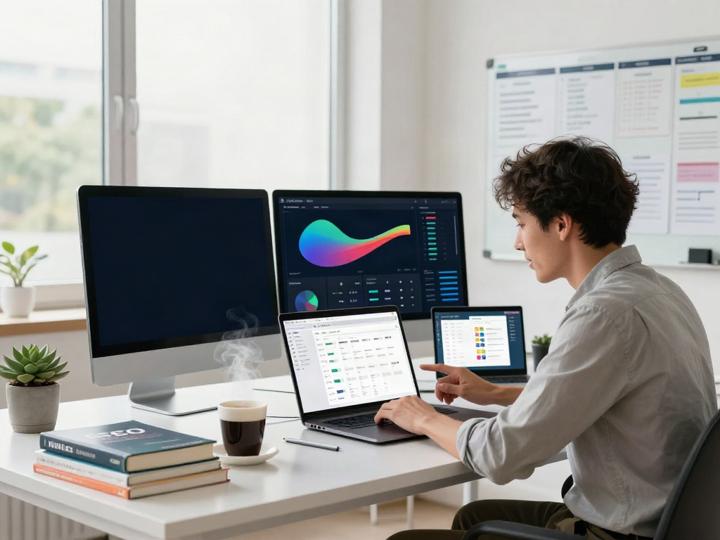 Digital marketer analyzing instant indexing data in a bright office