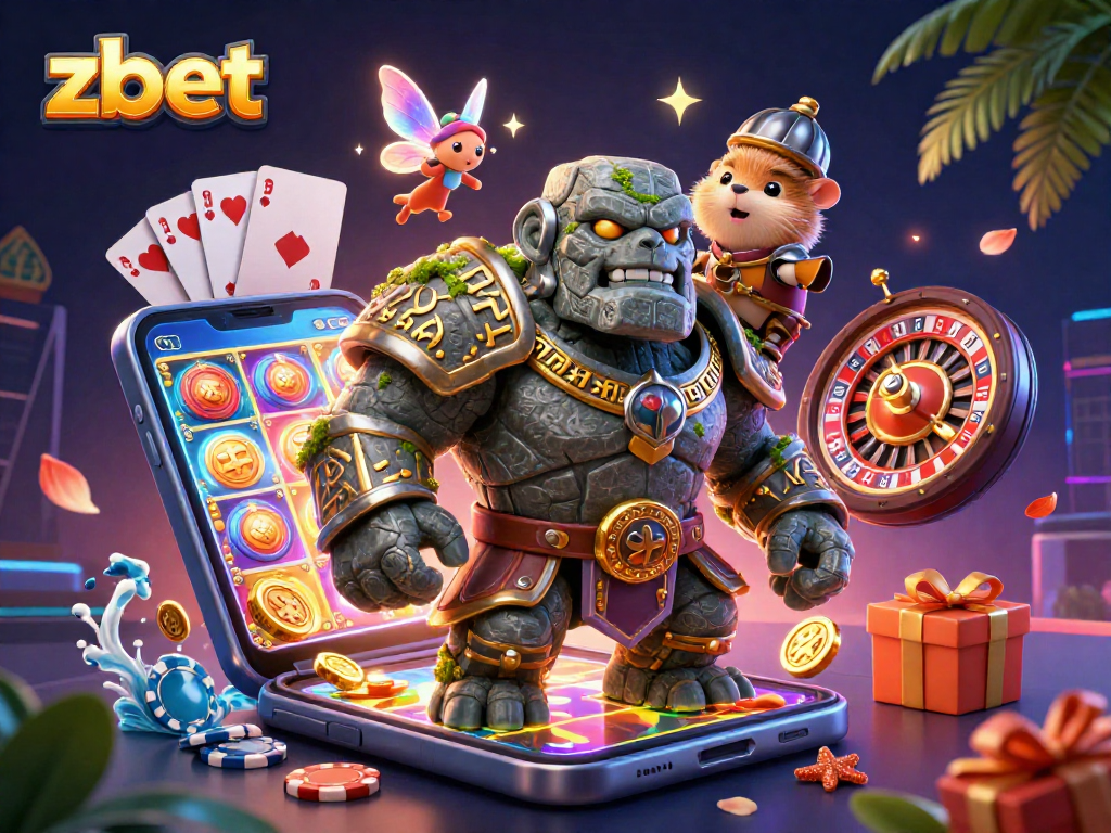 Experience thrilling gaming moments with zbet in a colorful 3D casino-themed illustration featuring dynamic characters and elements.