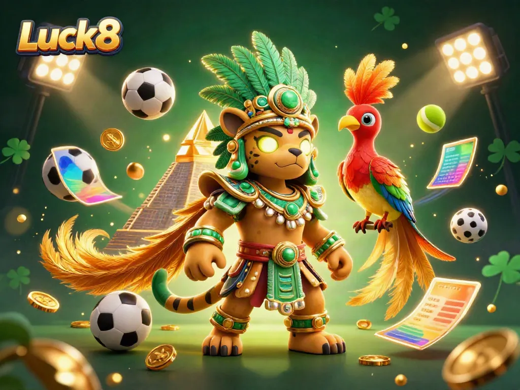 Experience gaming excitement with Luck8's vibrant casino scene featuring dynamic sports elements and characters.