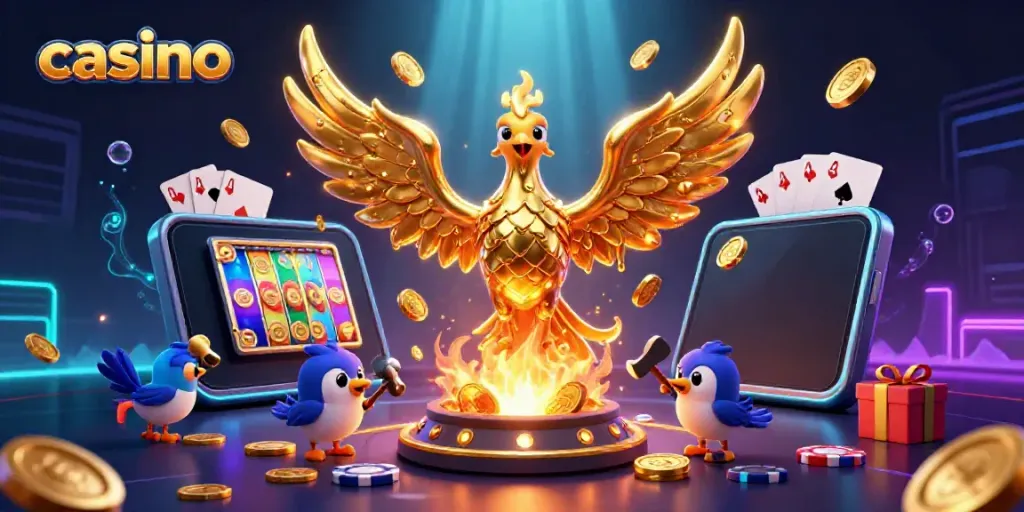 Experience vibrant casino action with a molten metal phoenix, slot game elements, and gold coins.