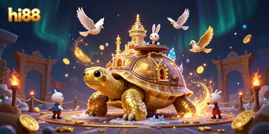 Experience the thrill of hi88 with our vibrant 3D casino scene filled with golden coins and festive elements.