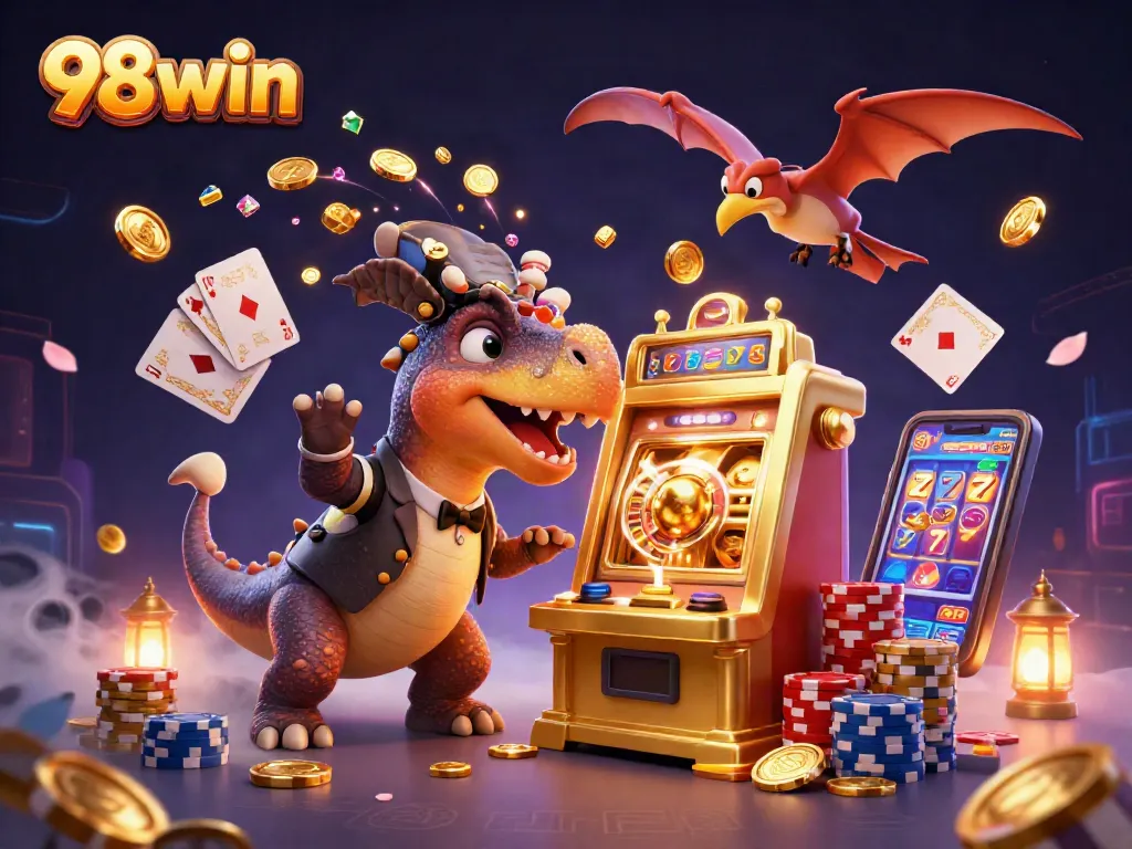 Experience thrilling jackpots with 98win as a dinosaur wins big at the casino!