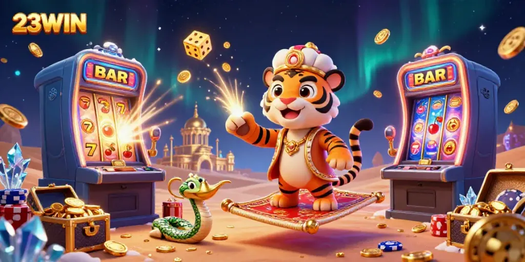 Experience the thrill of 23WIN with a vibrant casino-themed illustration showcasing rich game elements and characters.
