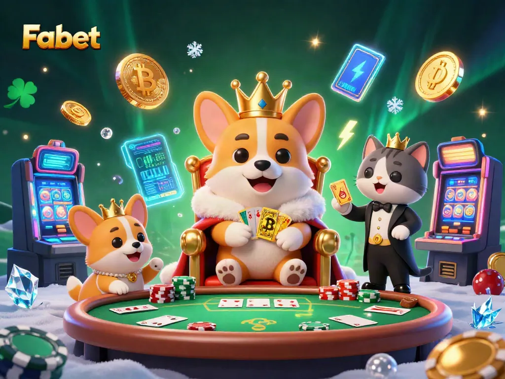 Engage with Fabet's lively casino scene featuring a royal corgi and vibrant slot machines.