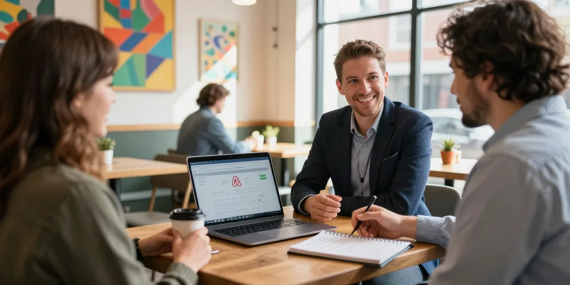 Airbnb management company Bristol discussing strategies in a vibrant café with data-driven insights.