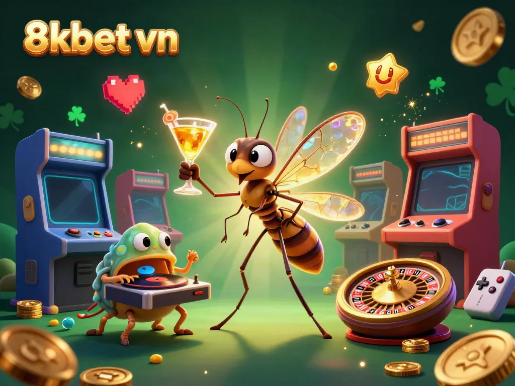 Experience the vibrant atmosphere of 8xbet vn with a lively illustration featuring a casino mascot and dynamic game elements.