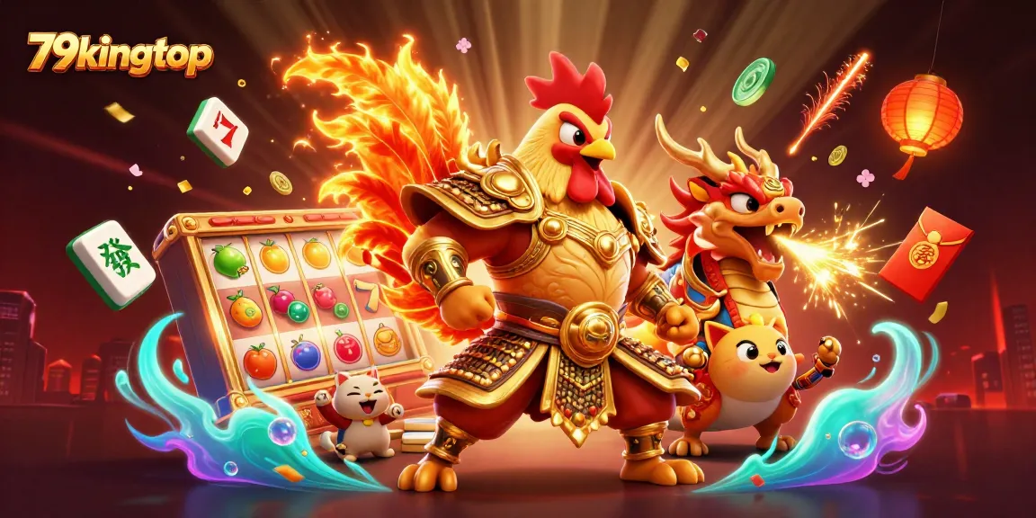Experience thrilling action with 79kingtop's vibrant casino illustration featuring a rooster warrior and dragon hatchling.