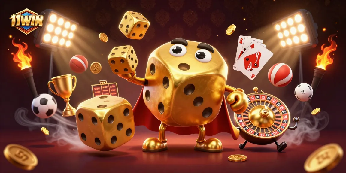 11WIN showcases an engaging 3D scene of a golden dice golem with sports betting elements.
