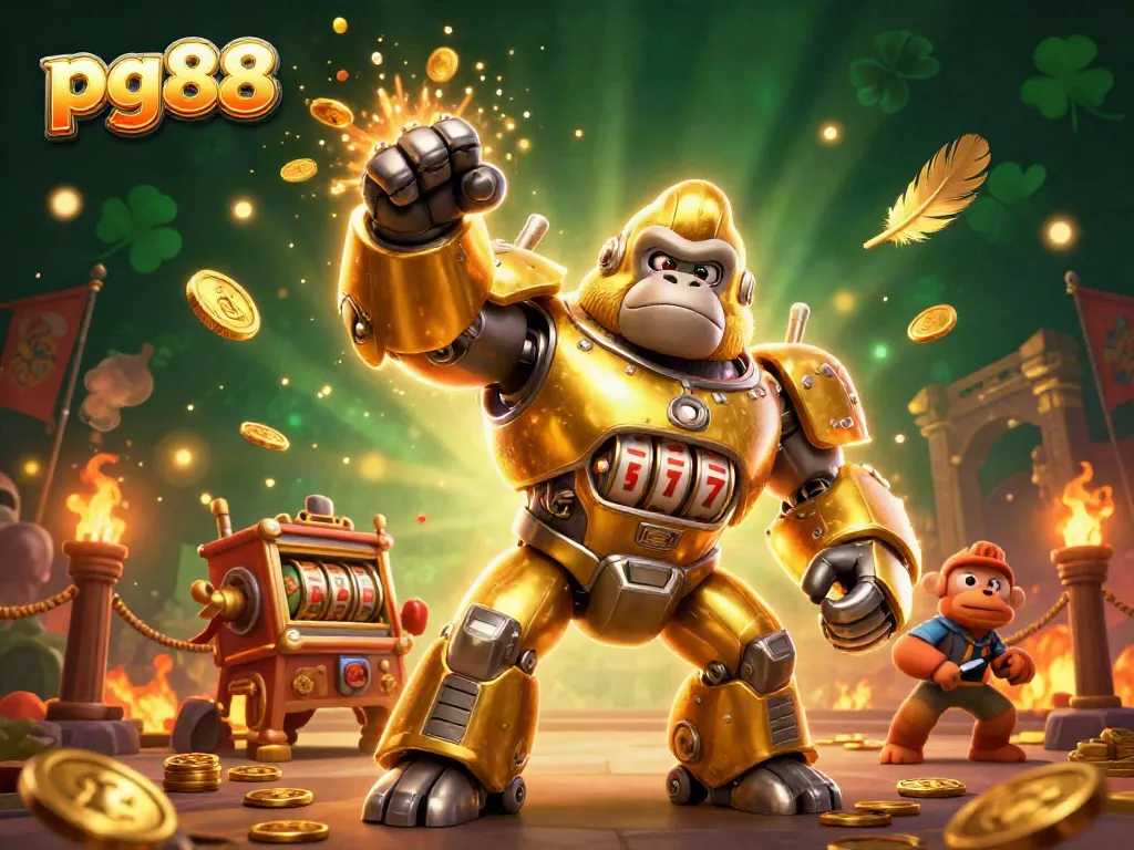 Experience thrilling wins at pg88 with a striking golden gorilla mech and stacked casino visuals.