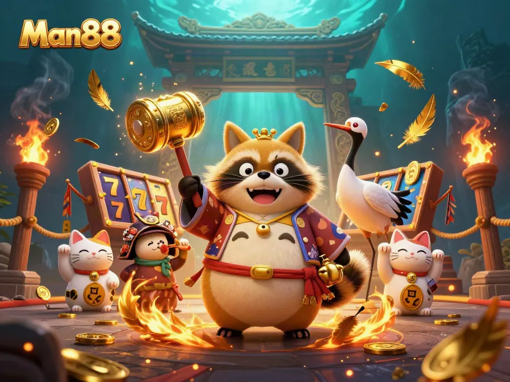 Engage with Man88's vibrant casino atmosphere featuring a cheerful tanuki and lucky symbols.