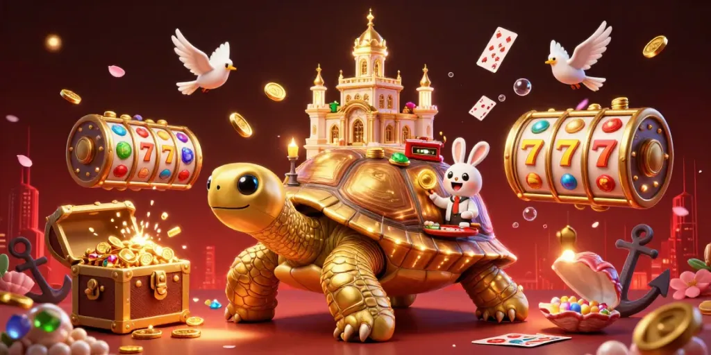 Enjoy a vibrant Lucky88 gaming experience with a golden tortoise casino scene filled with treasures and fun.