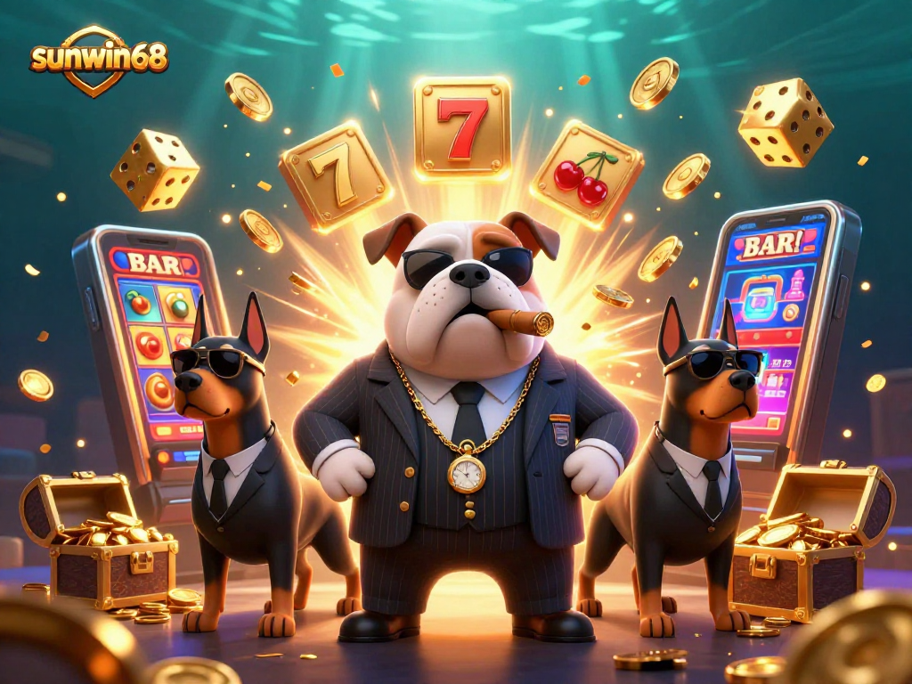 Engage with sunwin68's thrilling jackpot adventure featuring a mafia bulldog and dynamic casino elements.