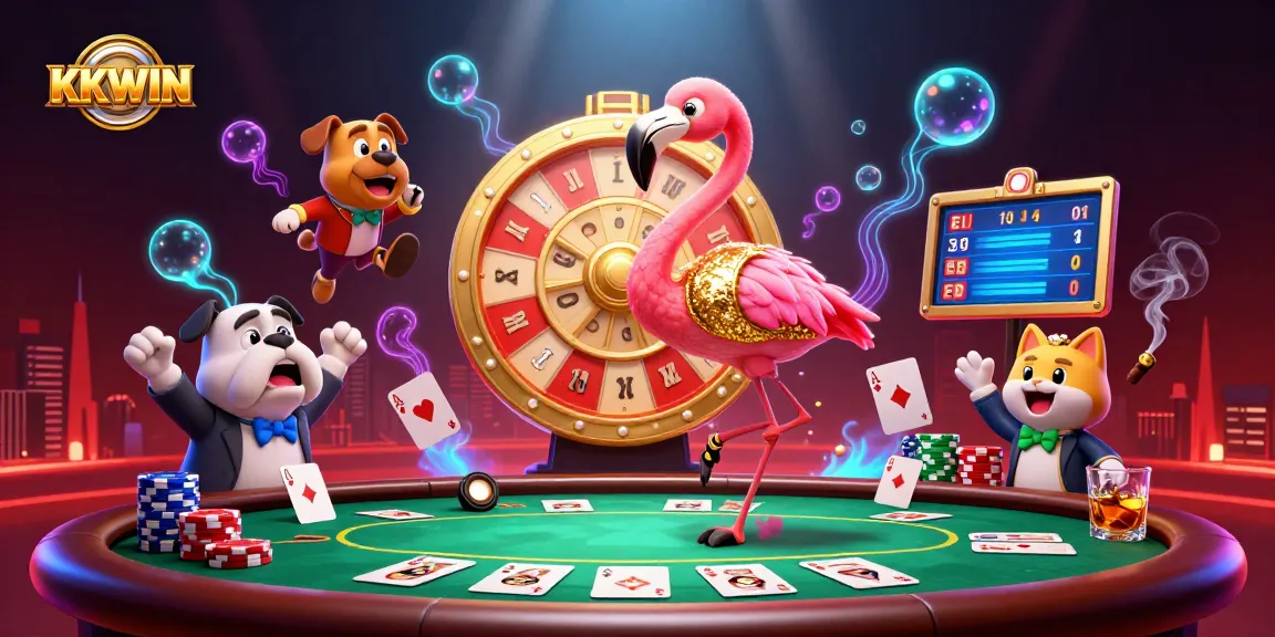 KKWIN promotional illustration with a flamingo host, excited bulldog, and poker elements.