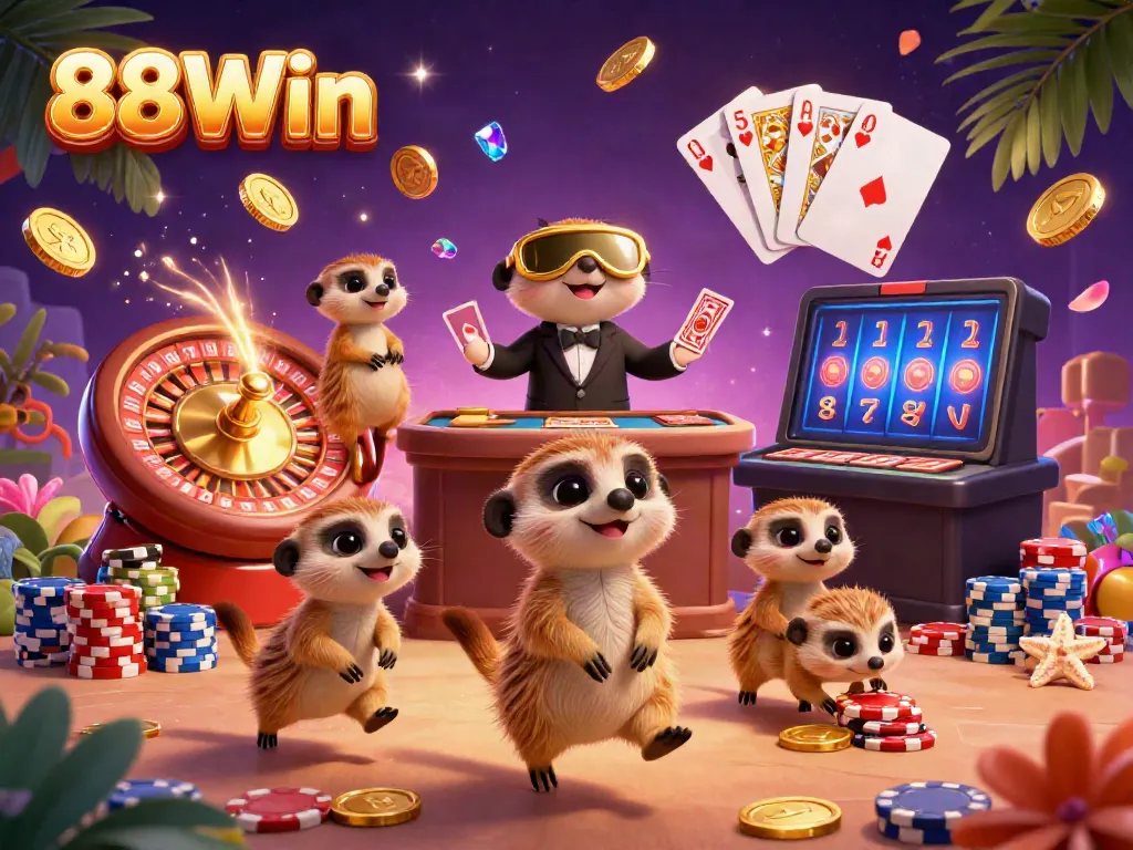 Engaging 3D scene showcasing a vibrant casino operation at 88Win with playful meerkats and dynamic gaming elements.