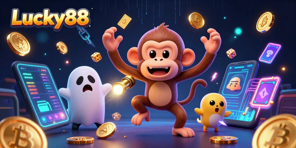 Experience Lucky88 with a ghostly puppy tracking a mischievous monkey juggling gold coins in a haunted casino.