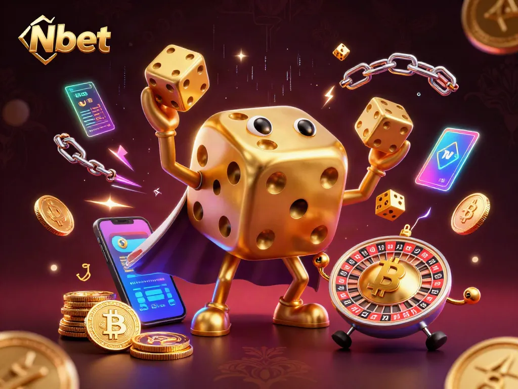 Nbet showcases dynamic 3D casino characters juggling golden dice amidst neon coins and blockchain elements.