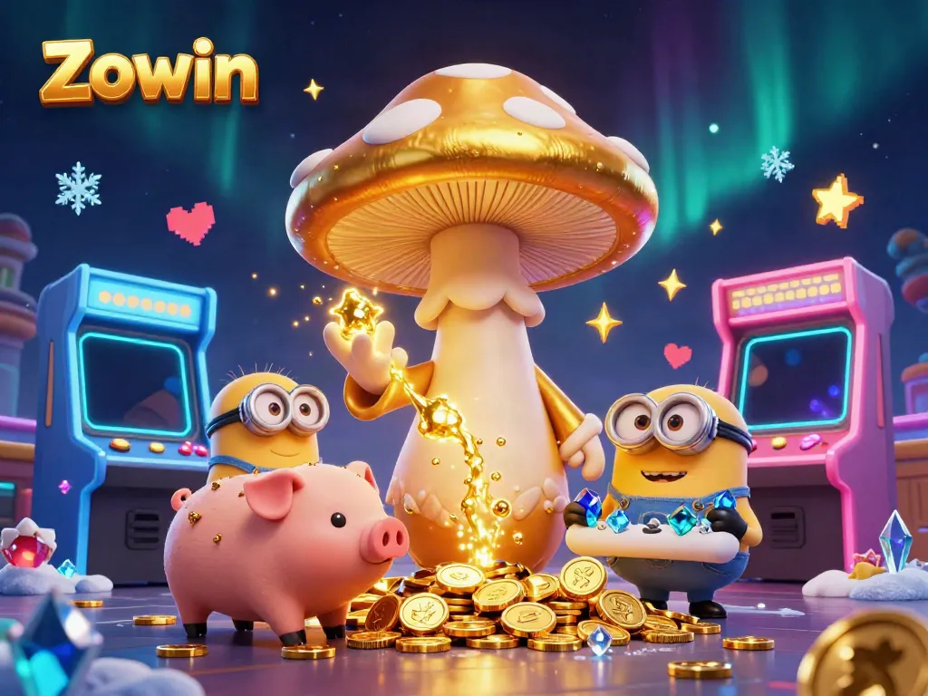 Zowin game wizard channels magic in a vibrant 3D casino scene with characters and game elements.