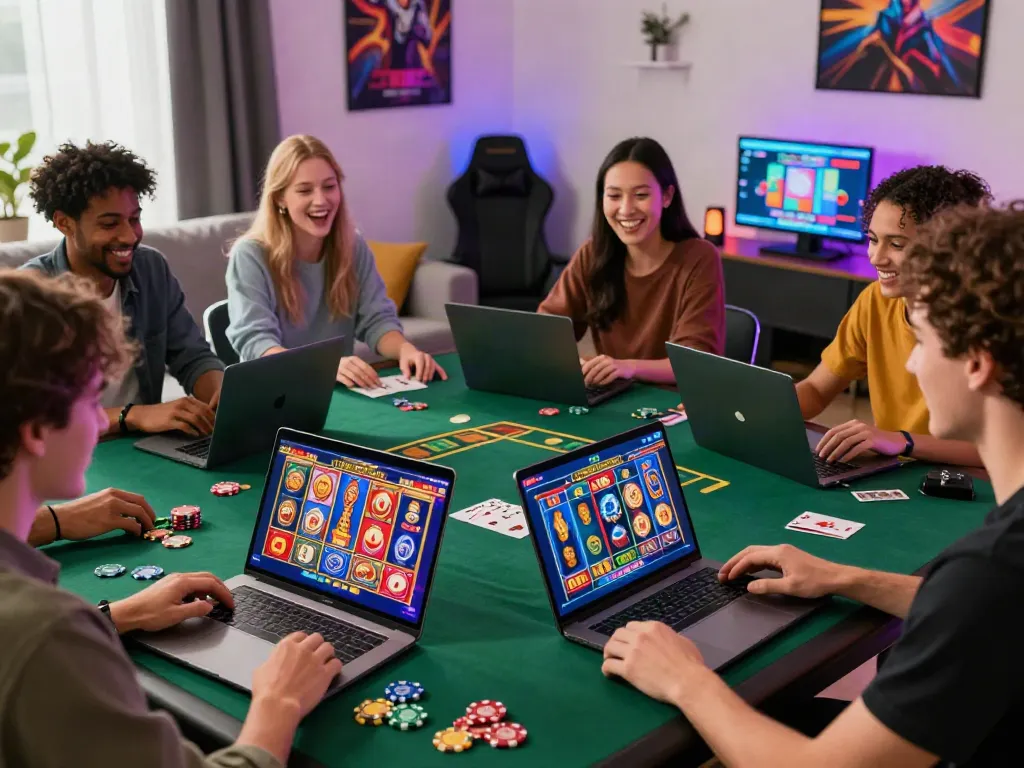 Engaging friends enjoying a thrilling online casino experience with Link Nbet.