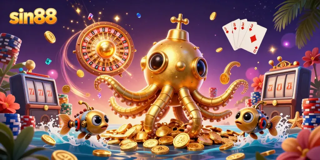 Experience thrilling gameplay with sin88 as a golden kraken rises amid sparkling treasures and casino symbols.
