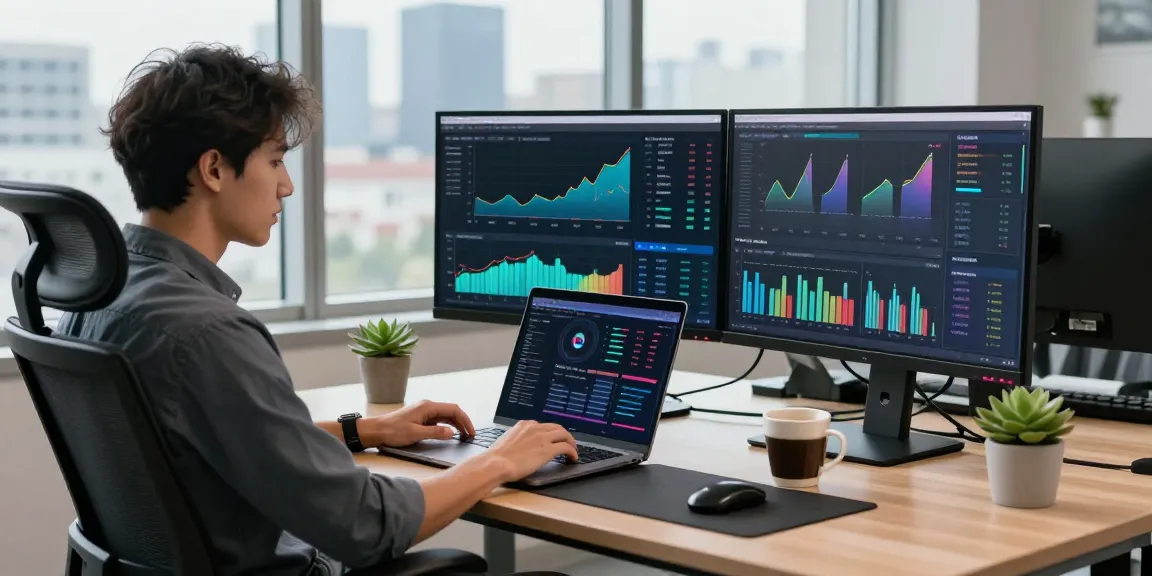 Dynamic tech workspace with an M5 MacBook and analytics dashboards in a bright office.