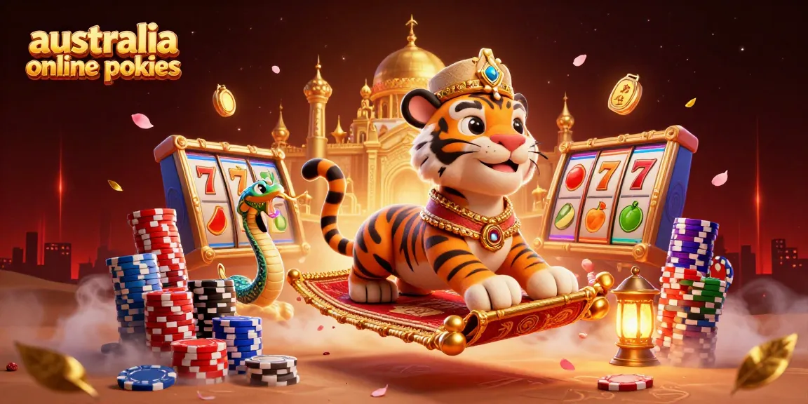 Spin exciting australia online pokies with a tiger sultan and magical themes in a vibrant casino scene.