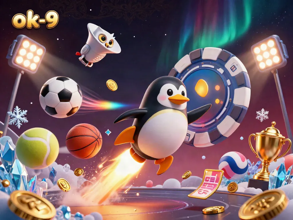 Experience the excitement of ok-9 with a golden penguin flying to a poker chip casino surrounded by winning sports elements.