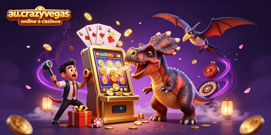 Engaging scene of a pachycephalosaurus at au.crazyvegas.com online casinos triggering jackpot coins from a slot machine.