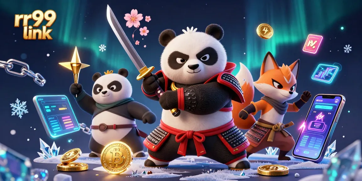 Spin to win with the rr99 link as a samurai panda and ninja fox in a vibrant casino scene.