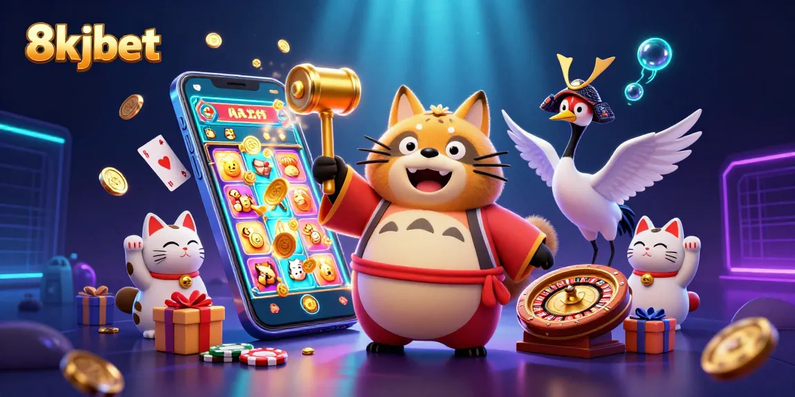 Engage with 8xbet's vibrant 3D casino scene showcasing cheerful tanuki and lucky cats amidst dynamic slot games.