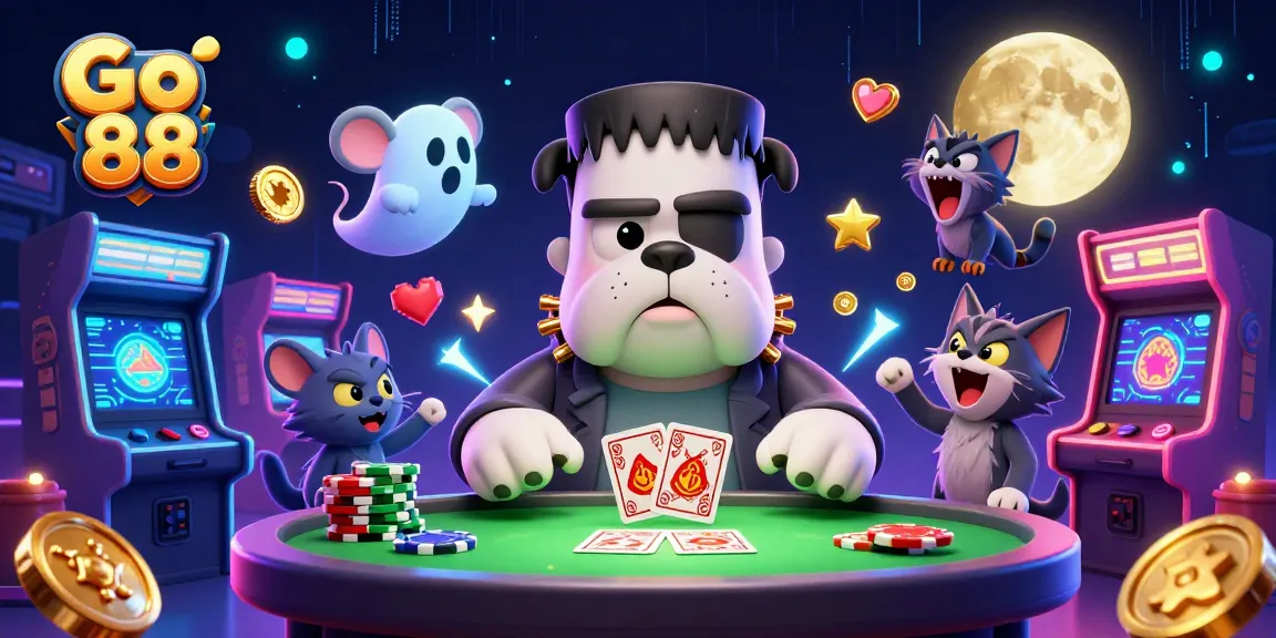 Go 88 cartoon casino scene featuring a Frankenstein bulldog, ghost mouse, and werewolf kitten with gaming elements.