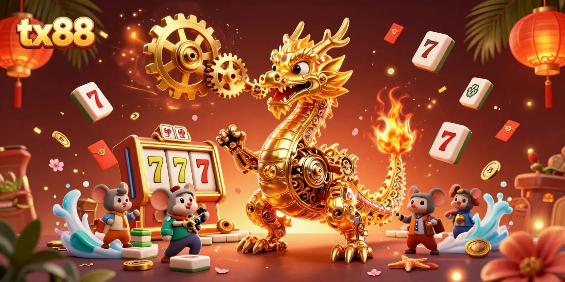 Spin lucky slots and win big at tx88 with a dynamic dragon-themed casino illustration