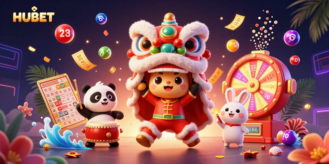 HUBET engages players with vibrant casino action featuring lottery balls, a lion dance, and a lively atmosphere.