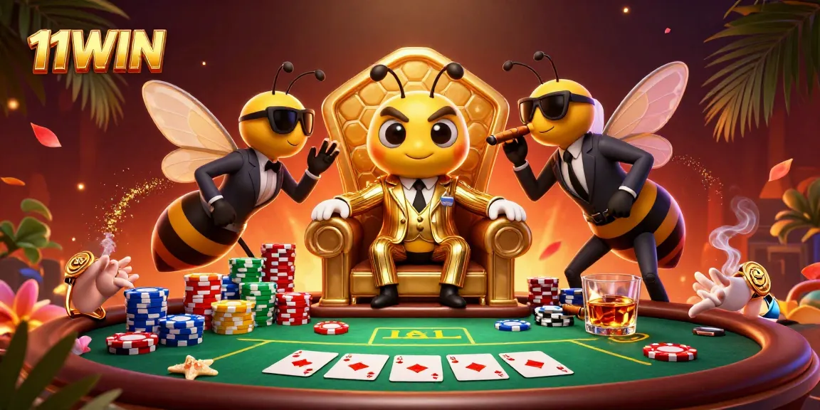 Engage with 11WIN's vibrant casino scene featuring bumblebee mob boss and poker elements.