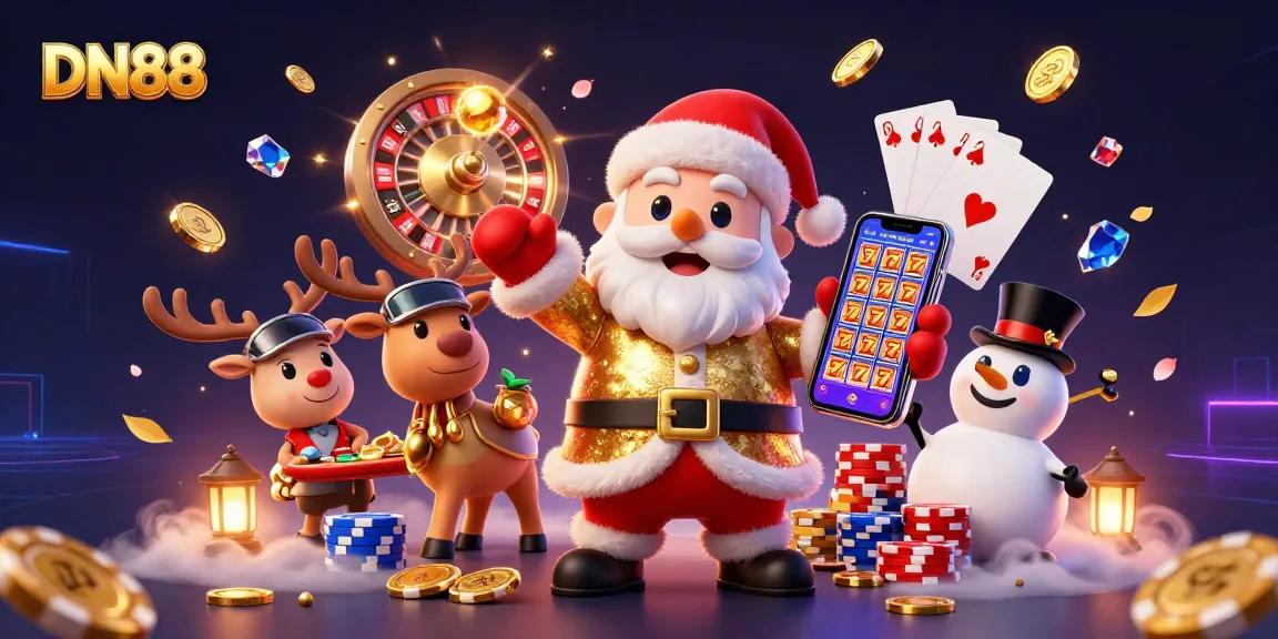 Experience exciting wins at DN88 with a 3D scene of Santa and friends celebrating in a jackpot casino.