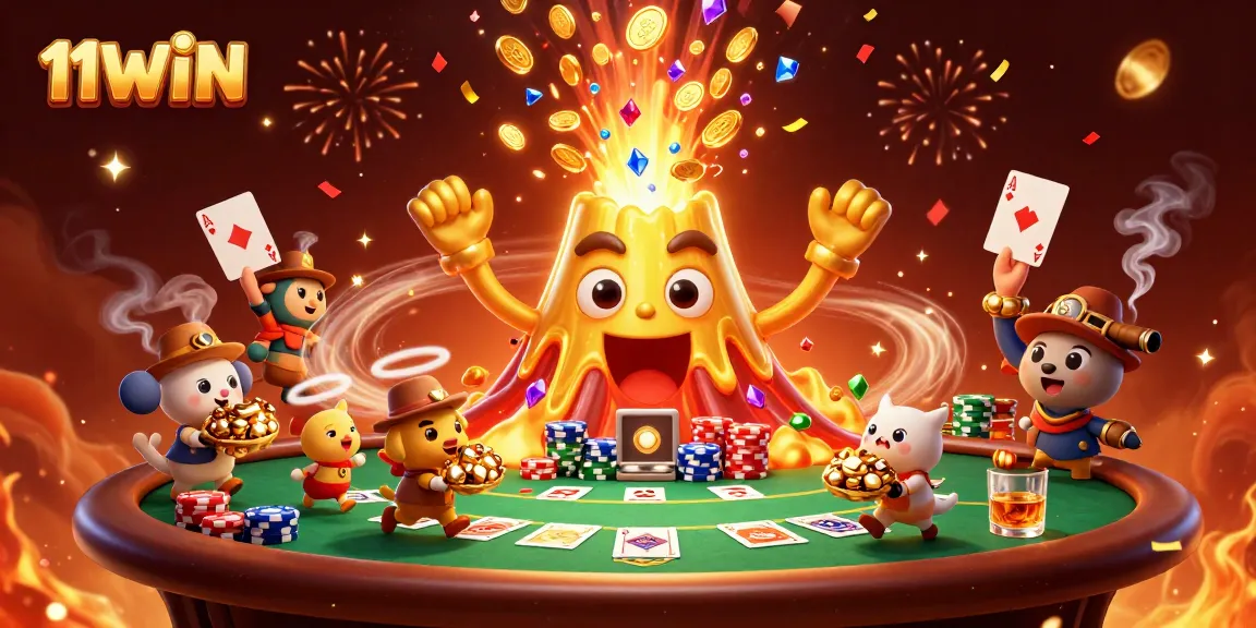 Experience excitement with 11WIN as treasure-seeking animals flee from a golden volcano erupting coins.