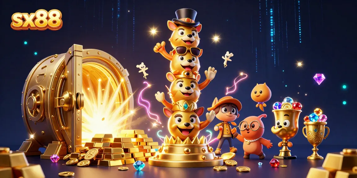 SX88 players celebrating big wins amid treasures in a vibrant 3D casino scene