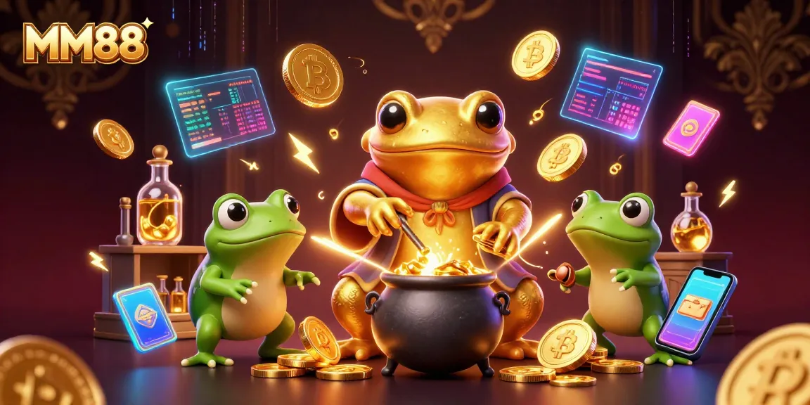 Experience MM88's vibrant gaming world with a golden salamander alchemist and crypto elements.