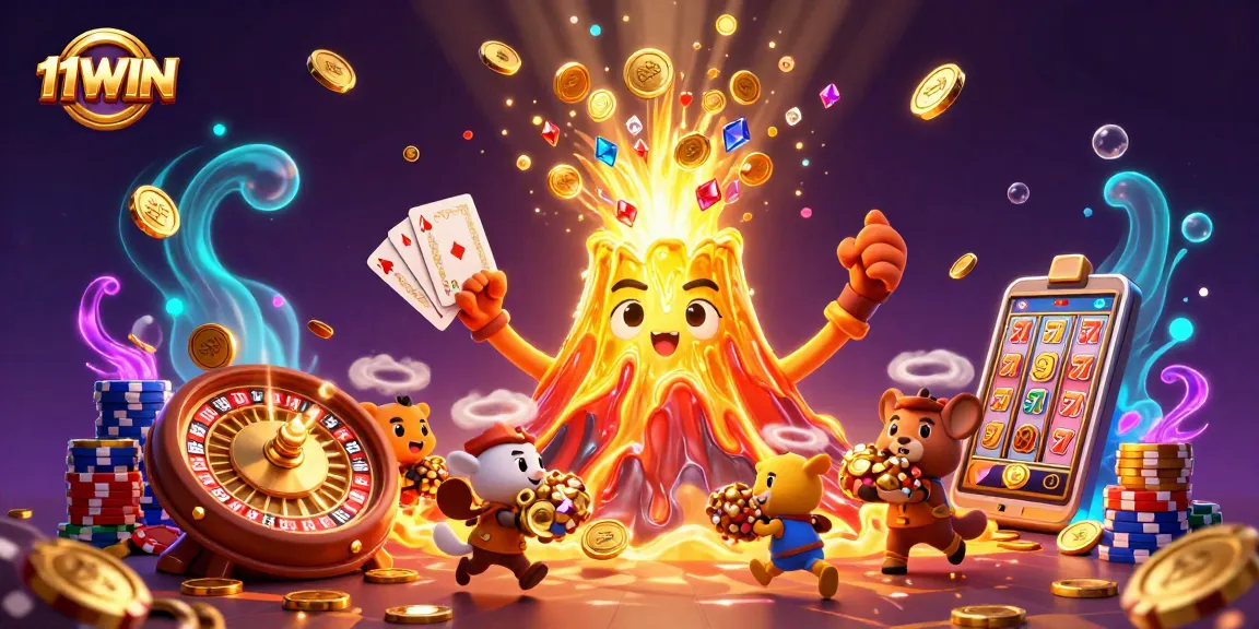 Experience thrilling wins with 11WIN as gold coins and treasures erupt in a vibrant casino scene.