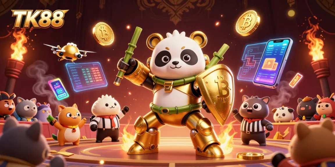 Boost your chances at TK88 with an action-packed casino scene featuring a golden panda and crypto symbols.
