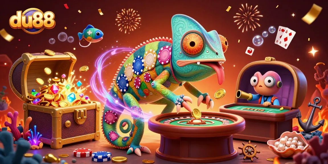 Join the vibrant du88 casino scene as the chameleon owner captures golden coins while celebrating wins.