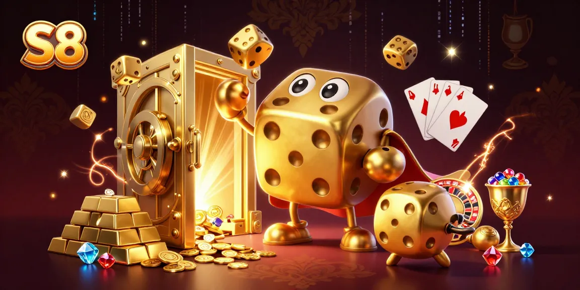 S8 showcases a dynamic 3D scene featuring a golden dice golem and treasures, highlighting vibrant casino energy and excitement.