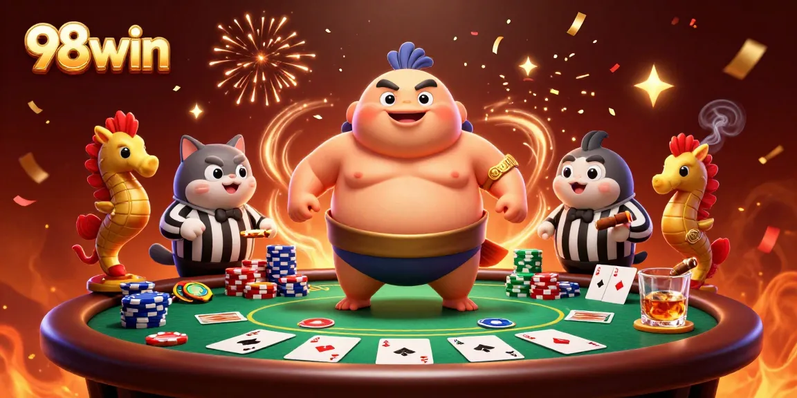 Engage with 98win's dynamic poker scene featuring a fugu champion in a vibrant underwater casino.