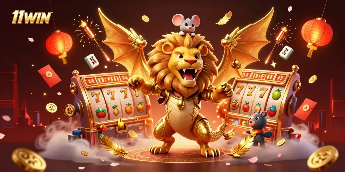 Experience the thrill of 11WIN with a roaring chimera and vibrant gaming elements in an immersive casino scene.