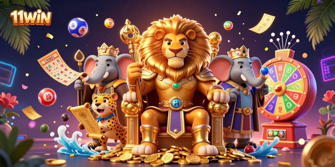 Experience the excitement of 11WIN with vibrant lottery elements and royal characters.